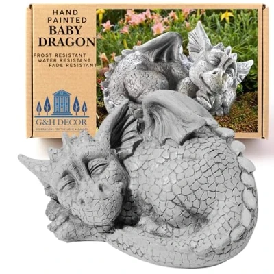 Image of G&amp;H Decor Sleeping Baby Dragon Resin Garden Statue Draconic Ornament Hand Painted Intricate Detail Suitable for Indoor Outdoor Use 21cm Dragons Sculpture Figurine Weather Resistant Figure