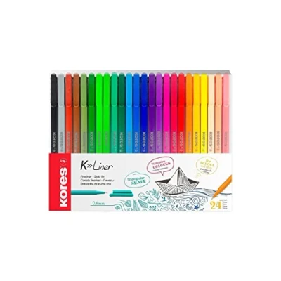 Image of Kores K Liner Coloured Fineliners 0.4mm Colouring Pens, Fineliner Marker Art Journaling Supplies, University Essentials, School Supplies Pack of 24 in Assorted Colours