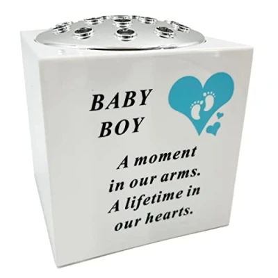 Image of Angraves Born Sleeping Blue Little Boy Baby Memorial Graveside Flower Vase Container White and Silver