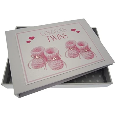 Image of White Cotton Cards Gorgeous Twins, Mini Photo Album, Pink Booties
