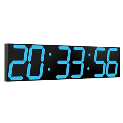 Image of CHKOSDA Digital Wall Clock, Oversize Led Clock with Auto Dimmer, Huge Countdown Timer Remote Control, 27&quot; Wide Display, 6 Digits, Mount, Date and Temperature (Ice Blue)