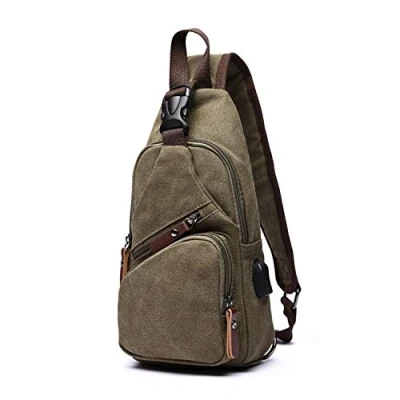 Image of FANDARE New Sling Bag Men Chest Pack with USB Crossbody One Strap Backpack Messenger for Travel Cycling Camping Hiking Waterproof Canvas Green