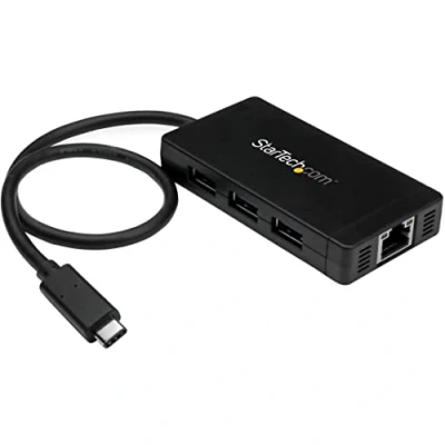 Image of StarTech.com 3 Port USB C Hub with Ethernet to 3x A w/ Power Adapter &amp; Gigabit Thunderbolt Compatible Network (HB30C3A1GE) , Black
