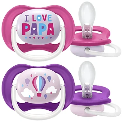 Image of Ultra Air Philips Avent Dummies for 6 to 18 Months Orthodontic and BPA (Pack of 2) + steriliser/Carry Bag SCF080/04, Pink &amp; Purple