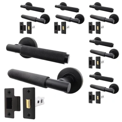 Image of EAI Black Door Handle Latch Set Pack of 6 Round Internal Knurled Handles &amp; (66mm) Matt Lever on Rose Dolton Range