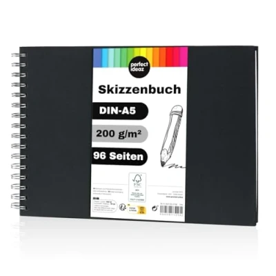 Image of perfect ideaz DIN A5 sketch book 96 pages (48 sheets), professional drawing block, black hardcover, spiral binding with white blank paper, 200 g, &amp; for