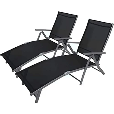 Image of garden mile Reclining Outdoor Sun Lounger 7 Position Folding Chair, Aluminium Frame Furniture Powder Coat Finish with Black Sling Decking Chair for Sunbathing, Relaxing Twin Grey