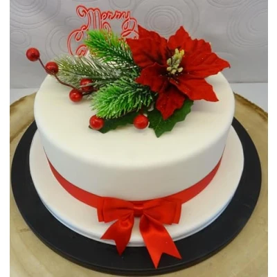 Image of Christmas Large Poinsettia Spray Red Merry Motto ribbon &amp; Bow Cake Topper Decoration The Complete Set