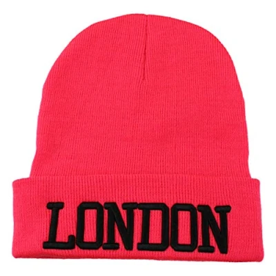 Image of Womens Mens Hats London Knitted Woolly Souvenir Winter Beanie Hat (Pink &amp; Black)