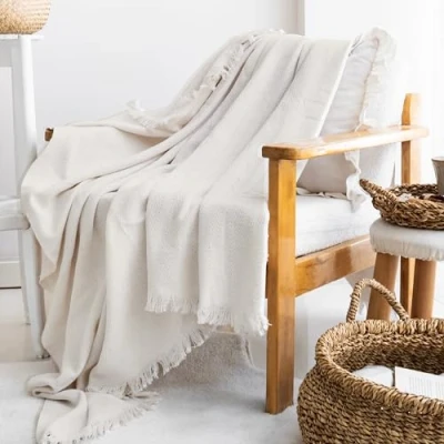 Image of Milam London Cotton Throw Blanket Soft Throws For Armchairs, Sofa, Settee Single Bed Throw, Cream 170 x 200 cm