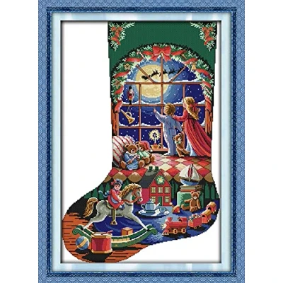 Image of OWN4B Cross Stitch Kits Pre Printed, Christmas Stocking Children&#039;s Paradise Stamped Pattern 11CT 21.3x30.3 inch DIY Embroidery Kit (Sock 4)