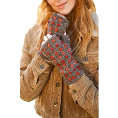 Image of Pachamama Women Wool Hand Wrist Warmers Fleece Lined Handknitted Embroidered Roses Spots Multicoloured One Size Handmade Thumbslot Thermal Extra Warm Fair Trade (Bark, Size)
