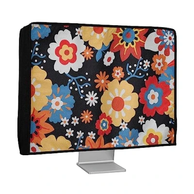 Image of kwmobile Dust Cover for 20 22&quot; Monitor Linen Protector with Design Vintage Flowers Orange/Red/White
