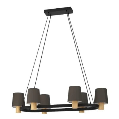 Image of Eglo Chandelier Edale, 6 lamp Pendant Lighting, Oval Ceiling Light Fitting, Hanging for Dining and Living Room, FSC100HB, Wood in Oak Finish Cappuccino Coloured Fabric, E27 Socket