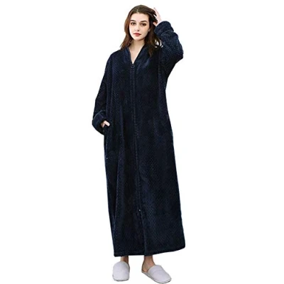 Image of Kinloy Women Zip Front Dressing Gowns Luxury Soft Fleece Full Length Maternity Towelling Bath Robes Bathrobe Sleepwear Navy L 10 14 UK