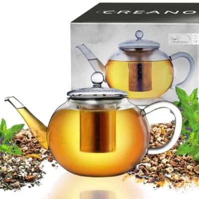Image of Creano Glass Teapot 1200ml Stovetop Safe Tea Kettle with Stainless Steel Infuser and Lid Ideal for Preparing Loose Teas Drip Free