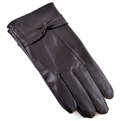 Image of Rjm Ladies Lined Sheepskin Leather Gloves With Bow (S/M, Dark Brown)