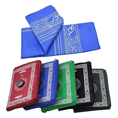 Image of KAV Foldable Waterproof Pocket Prayer Mat with Compass Portable, Washable Polyester Janamaz, 100 x 60 cm, Ideal Travel Rug for Muslims (Black)