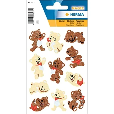 Image of HERMA 3271 Glitter Stickers &quot;Bear Band&quot;, Self Adhesive Film for Boys, Girls or Sticker Album, 11 Animal Children