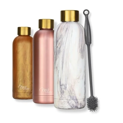 Image of Milu Stainless Steel Water Bottle 500ml 750ml 1L Vaccum Insulated Large Drink Flask Bottles Leakproof Keep Drinks Hot Cold for Bike Camping Sports Gym incl. Cleaning Brush (Pink Marble, 500ml)