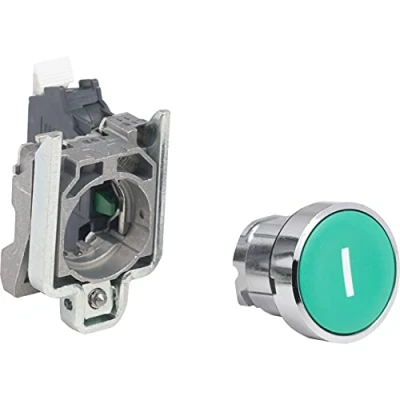 Image of Schneider Electric push button, Harmony XB4, metal, flush, green, 22mm, spring return, white marked I, 1 NO, compact in terminals