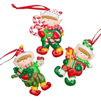 Image of Christmas Tree Hanging Decorations Elf Holding Gifts Candy Xmas Wall Home Décor Ornaments 3pcs Set