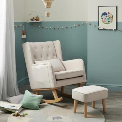 Image of Babymore Pure Comfort Lux Nursing Chair with Footstool Gentle Rocking Chair, Convertible Wing having Storage Pockets Chic Fabric &amp; High Density Padding Included Lumbar Cushion (Cream)