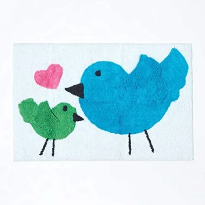 Image of HOMESCAPES 100% Cotton Washable Tufted Birds Heart Rug Pink Blue Green White 50 x 80 cm Bath Mat or Children&#039;s
