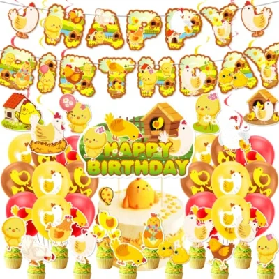Image of Chicken Party Decorations Farm Birthday Supplies Includes Banner Balloons Cake Topper Cupcake Toppers for Chick Baby Shower