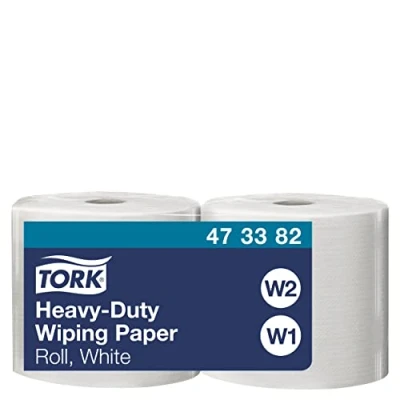 Image of Tork 473382 Heavy Duty Wiping Paper / 1 Ply Absorbent Premium Roll Suitable for W1 and W2 Wipers Systems White 2 x 117.3m Ø 26cm