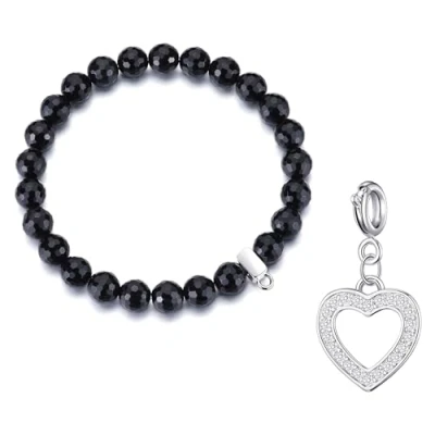 Image of Philip Jones Faceted Black Onyx Gemstone Bracelet with Open Heart Charm Created Zircondia® Crystals