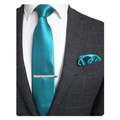 Image of JEMYGINS Peacock Blue Tie Silk Necktie and Pocket Square With Clip Sets for Men (7)