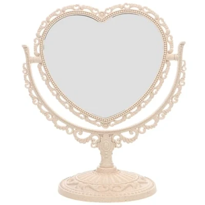Image of Vanity Mirror 2x Magnification Heart Shape Two Sided Swivel Tabletop Makeup Beige
