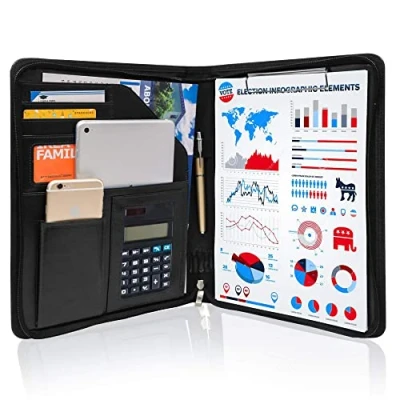 Image of GraduatePro A4 Clipboard Folder Leather Zipped Portfolio Conference Presenter Document with Tablet Business Waterproof Organizer Sleeves Black