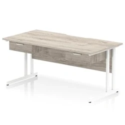 Image of Impulse 1600 x 800mm Scalloped Edge Office Desk Grey Oak Top White Cantilever Leg Workstation 2 1 Drawer Fixed Pedestal