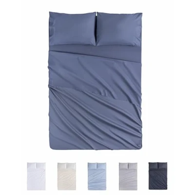 Image of Todocama 4 Piece Bedding Set 4002 Fitted Sheet Top Two Pillowcases 50 x 80 cm (Bed 90 190/200 cm, Grey Blue)