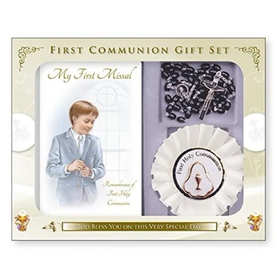 Image of First Holy Communion gift set Boys Black Rosary Beads, Missal &amp; Rosette