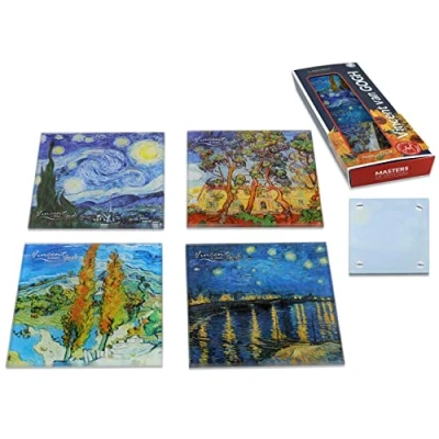 Image of CARMANI Glass Coasters, Pad, Drink Mat Heat resistant set of 4 printed with Vincent van Gogh, the Starry night, Garden, Poplars, night over Rhone
