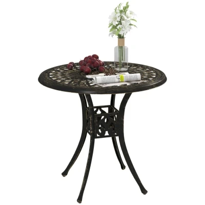 Image of Outsunny 78 cm Round Garden Dining Table with Parasol Hole Antique Cast Aluminium Outdoor Only, Bronze Tone