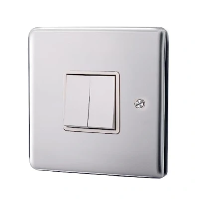 Image of ASAB 2 Gang Way 10A Plate Switch PGM 33605 Brushed Steel Double Button Easy to Install Smooth Finish Excellent Electrical Conductivity Socket Standard UK for Commercial and Residential Use