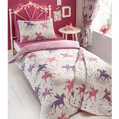 Image of Kidz Club Divine Unicorn Duvet Quilt Cover and Pillowcase Bed Set for Girls, Reversible Design Pink/White, Polyester Cotton, Single