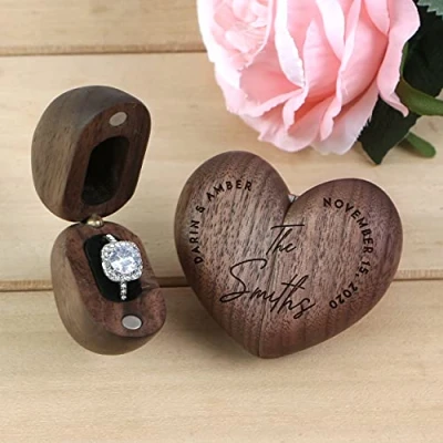 Image of Kenon Custom Wooden Heart Shaped Wedding Ring Box Engagement Walnut Storage Ladies Birthday Gift