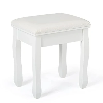 Image of Mondeer Dressing Table Stool, White Soft Padded MDF Wood Vanity 41x30x45cm Baroque Printing Stool