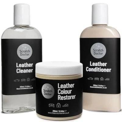 Image of Scratch Doctor Leather Cleaner, Colour Restorer &amp; Protection Conditioner Kit Clean, Recolour Protect Sofas Chairs Bags Shoes (Beige, 250ml)