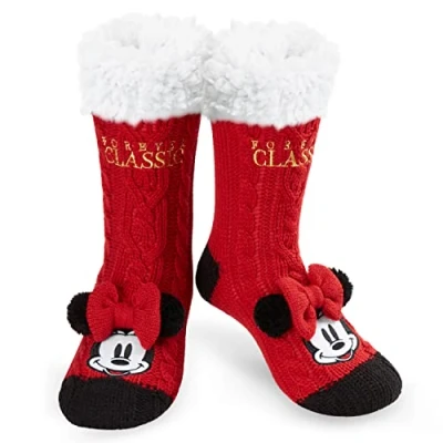 Image of Disney Women&#039;s Slippers Socks Fluffy Slipper (Red Classic Minnie)