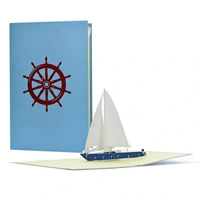 Image of voucher or birthday card with 3D pop up sailing boat, yacht; unusual travel for sailing, trip, gift idea birthday, B16