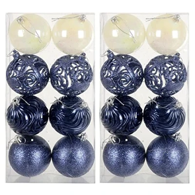 Image of Pack of 16 Christmas Tree Baubles Large Decorations Assorted Designs 8cm Navy