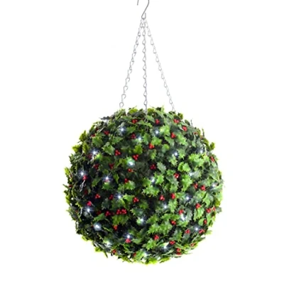 Image of Best Artificial Pre Lit 38cm Christmas Holly Topiary Ball Battery Operated 8 modes and Timer