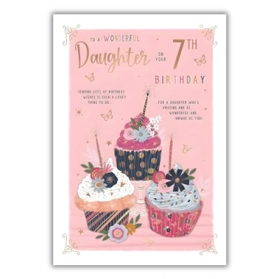 Image of Daughter 7th Birthday Card Age 7 Floral Cupcakes and Butterflies Special Finishes Made in the UK