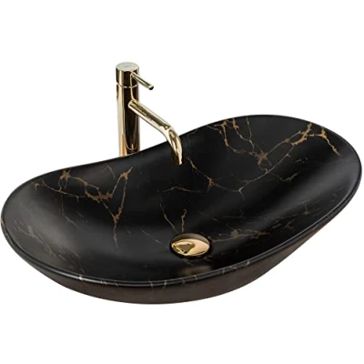Image of REA U7478 Bathroom Sink Made of Ceramic Stone imitation U7478, matt Black, Royal 60 Black Marble Mat 60,5 x 36 cm